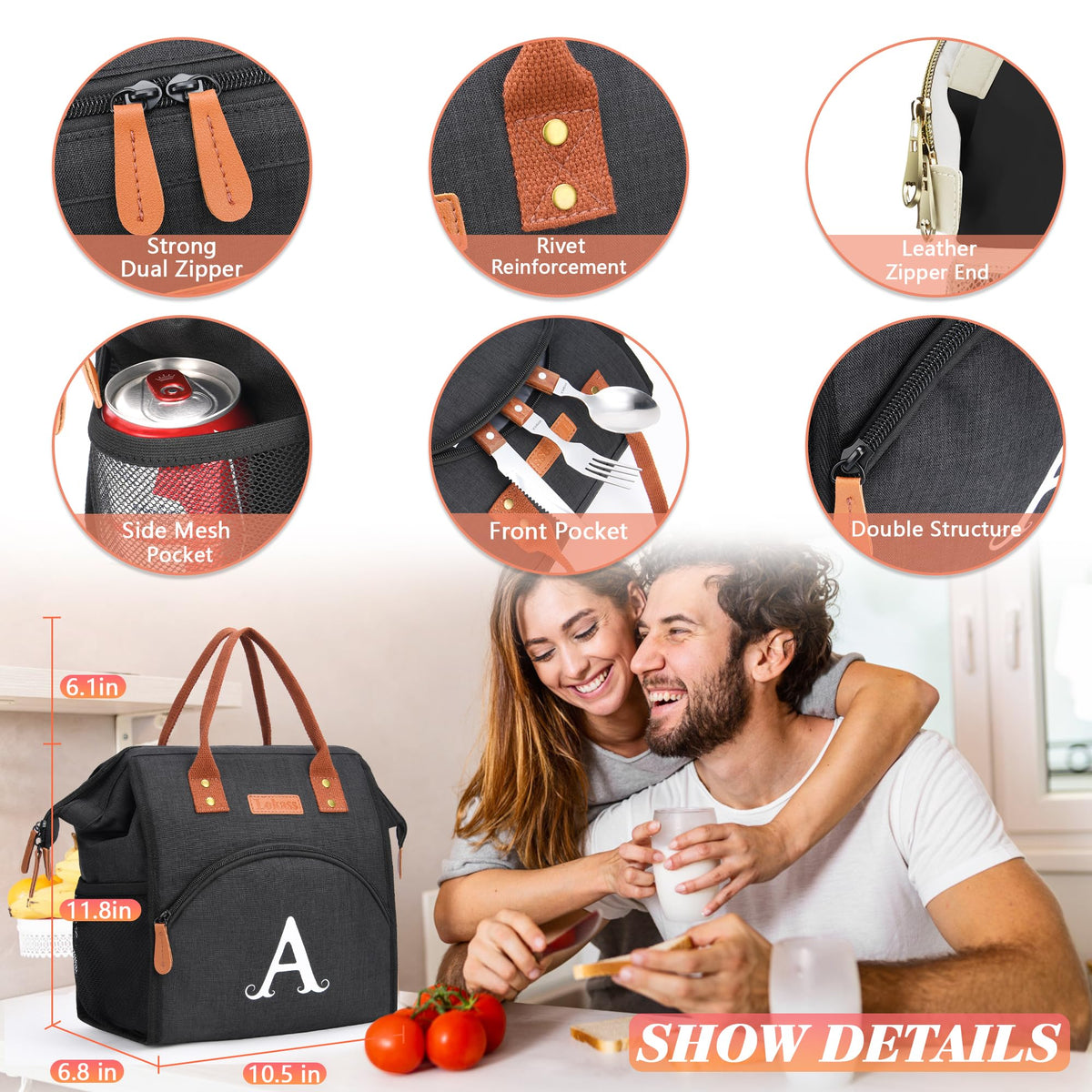 Personalized Lunch Box for Women, Initial Reusable Insulated Lunch Bag, Wide-Open Adult Lunchbox Cooler Lunchbag, Leakproof Lunch Tote for Picnic Work Outdoors, Christmas Gift for Women, Black - E