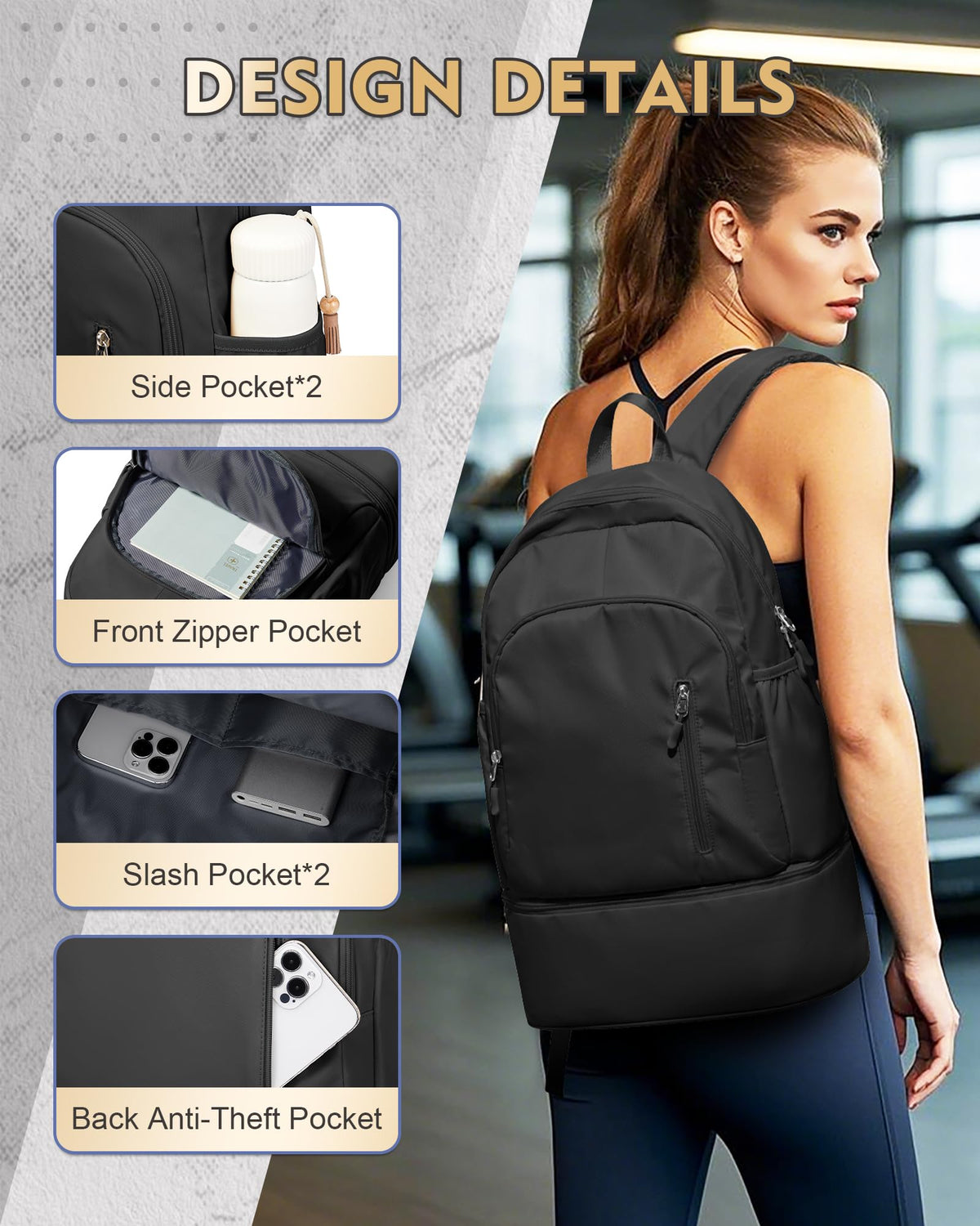 VENATIN Gym Backpack for Women Men,Cheer bag,Lightweight Gym Bag with Shoe Compartment, Waterproof Sports Backpack with Wet Pocket, Black
