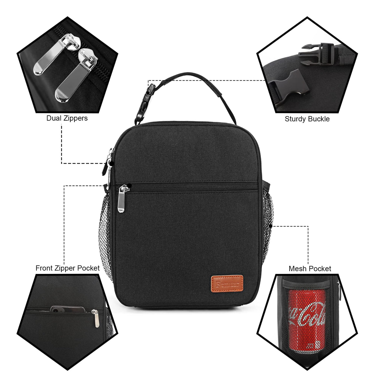 Femuar Lunch bag for Men Women Adults Small for Office Work Picnic - Reusable Portable Lunchbag, Black