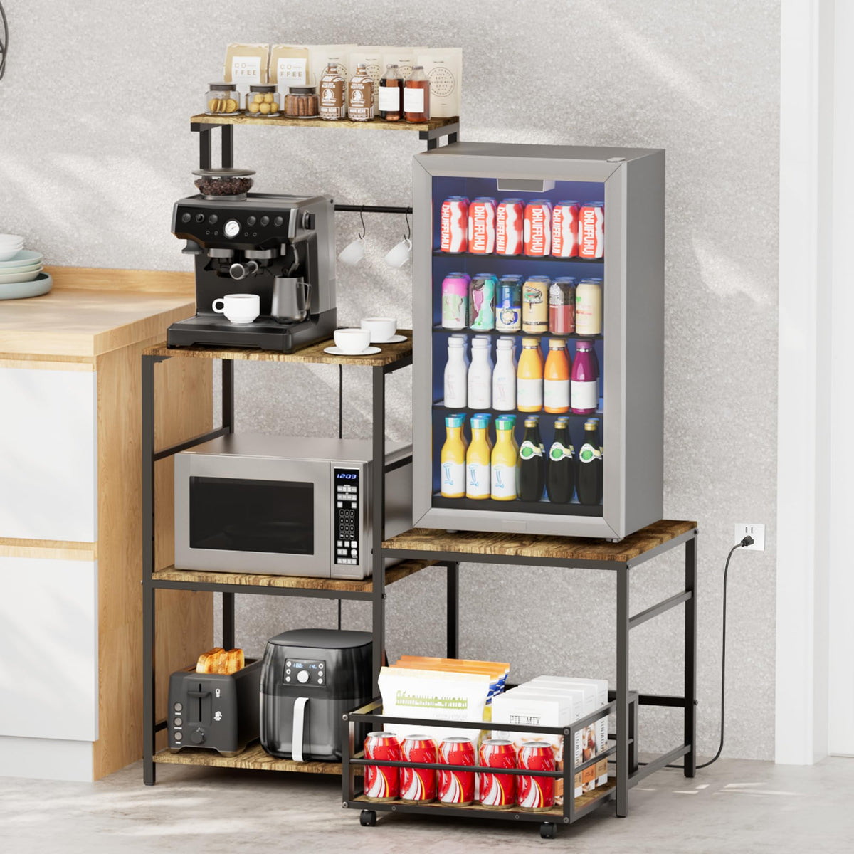 HYPIGO Mini Fridge Stand with Storage, Coffee Bar Cabinet Station with Power Outlet, Kitchen Baker’s Rack with Adjustable Shelf, Movable Basket, Refrigerator Organizer for Kitchen, Dorm, Home, Office