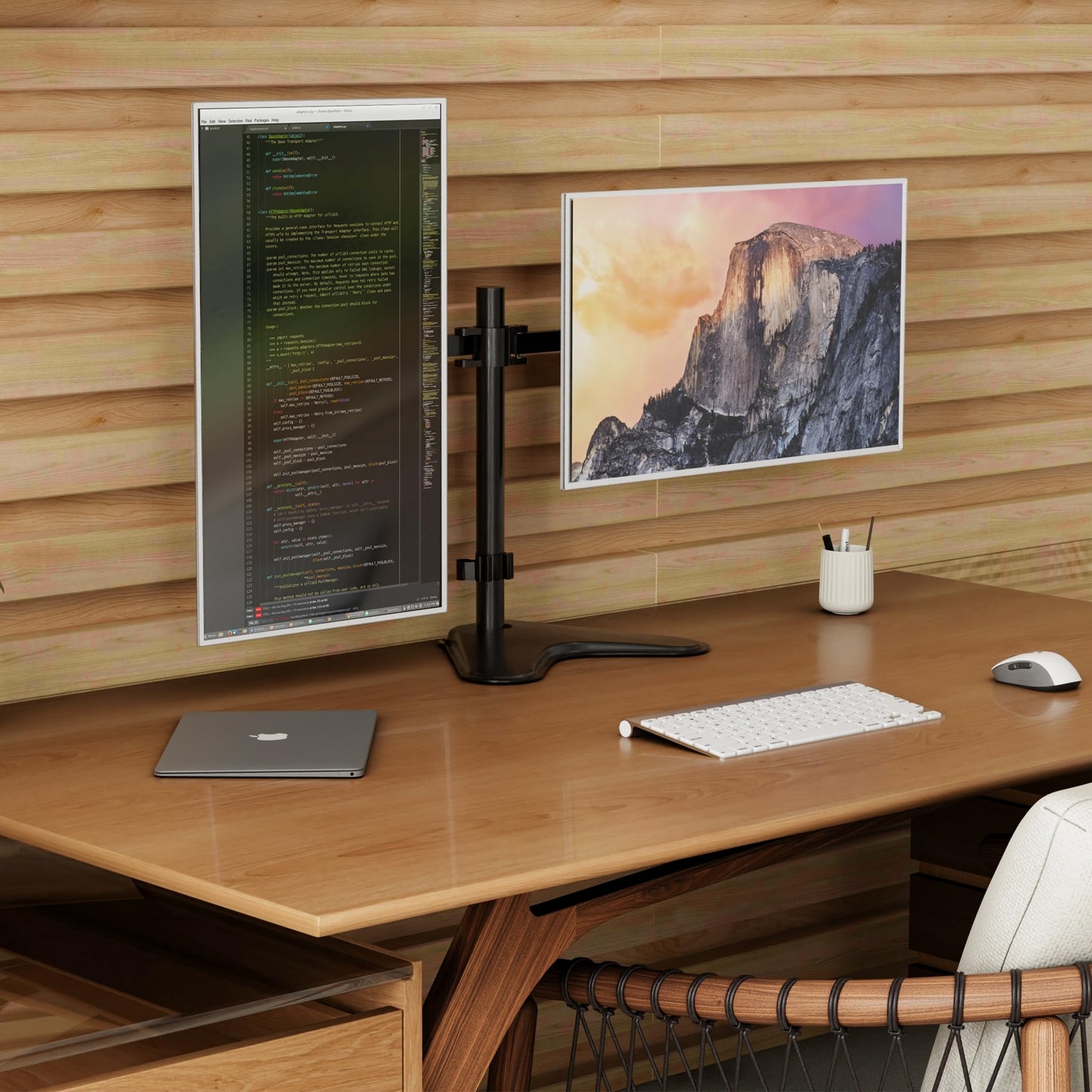 Mount-It! Dual Monitor Stand, Premium Adjustable Desk Mount for Two 13–32 Inch Screens up to 17 lbs Each, Full Motion Swivel Tilt Rotate Height Adjustable Arms, VESA 75x75 100x100, Steel Base