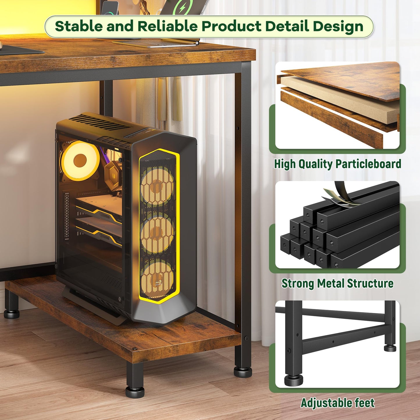 DurayLoly 39.3Inch Office Desk with Power Outlet & Drawer, Gaming Desk with CPU Stand& LED Lights,Computer Desk with Ergonomic Monitor Stand for Small Space,Rustic Brown