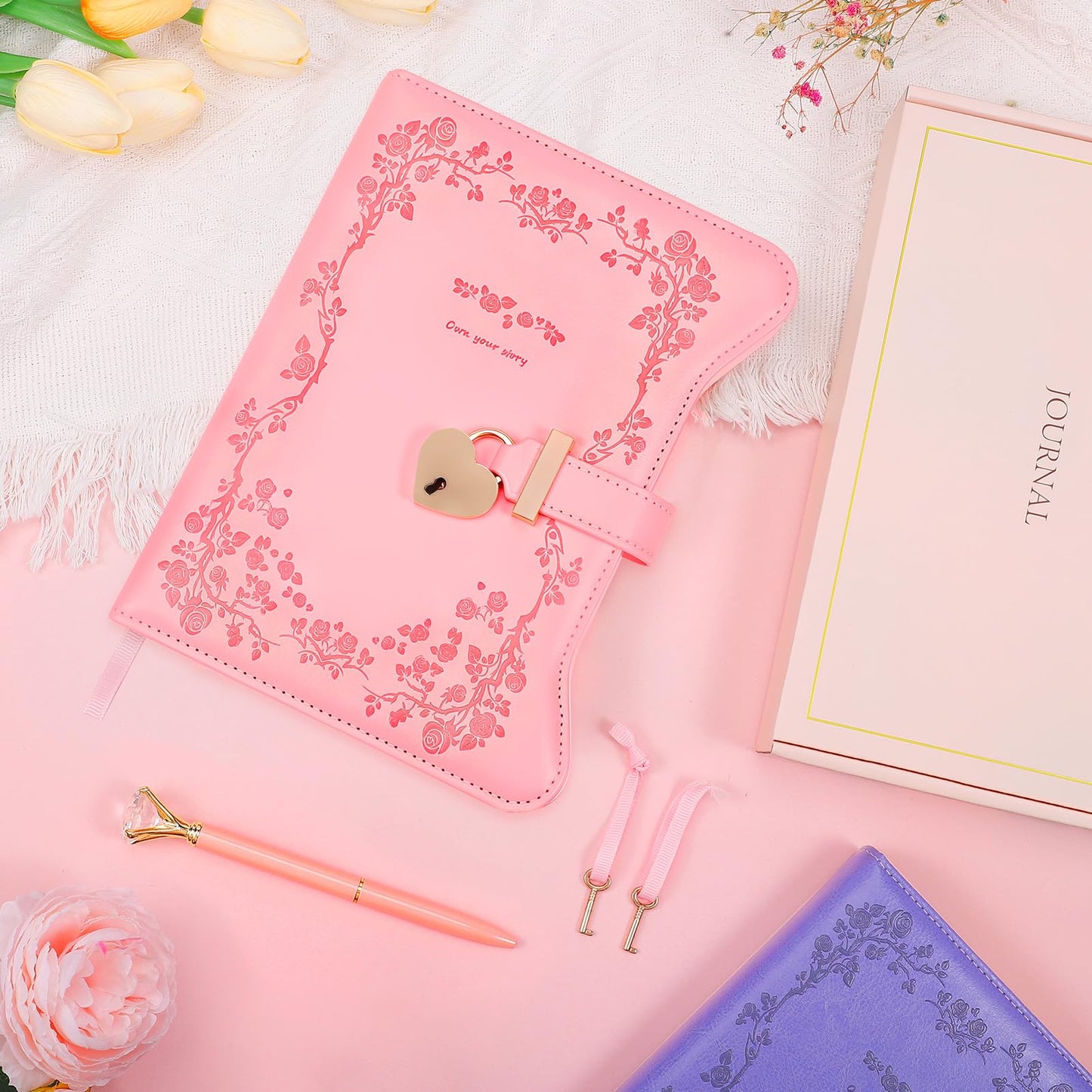 BSRBAOZY Diary with Lock and Key for Girls & Women, Heart-Shaped Locking Journal Gift Set with Diamond Pen, 360 Gilded Pages A5 Faux Leather Secret Writing Notebook for Teens Age 8-14(Garden Pink)