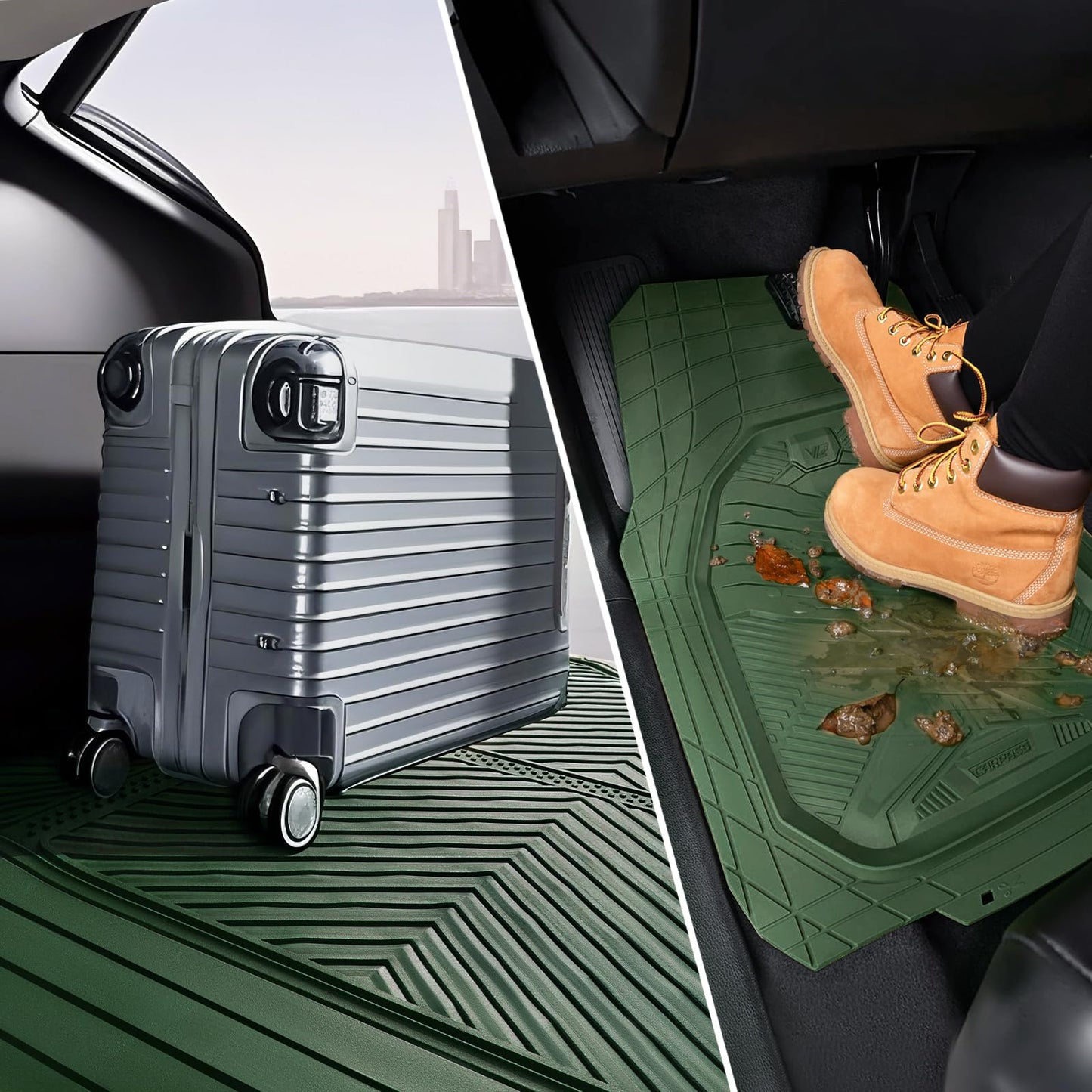CAR PASS Heavy Duty Rubber Car Mats with Cargo Liner, Deep-Dish Car Floor Mats and Trunk Mat All Weather, Universal Trim-to-Fit for SUVs Trucks Sedans, Waterproof Anti-Slip, Trimmable V12 Olive Green