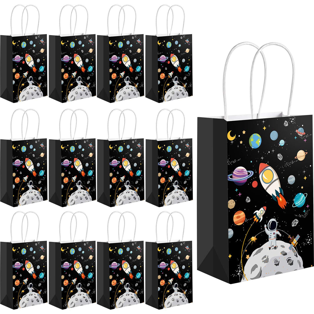 Outus 24 Pcs Outer Space Gift Bags Paper Space Treat Bags with Handles Planet Galaxy Party Favor for Birthday Galaxy Theme Party Supplies