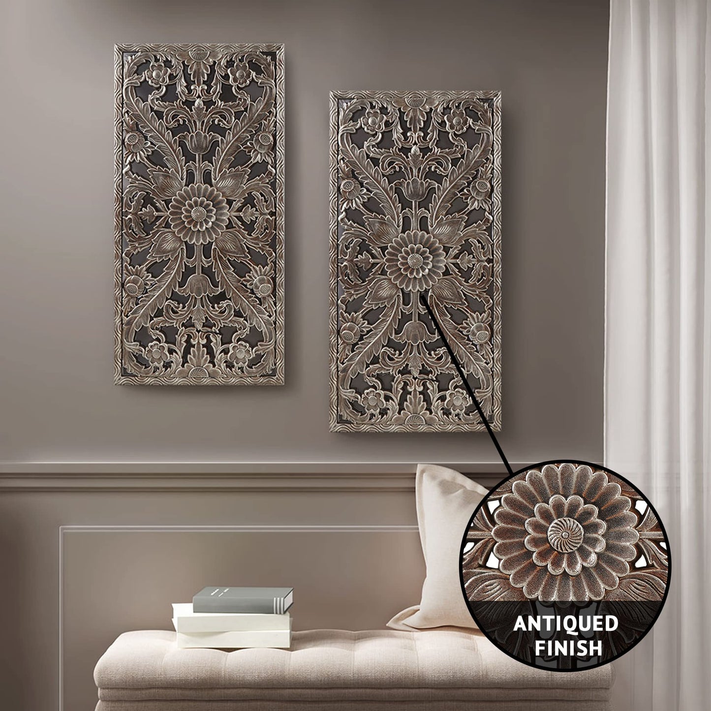 Madison Park Wall Art Living Room Décor - Floral Antiqued Wooden Carving Wall Decor Panel, Silver Embellished, Ready to Hang Wall Decor for Bedroom, 15.75"W x 31.5"L x 0.59"D, Bronze, 2 Piece