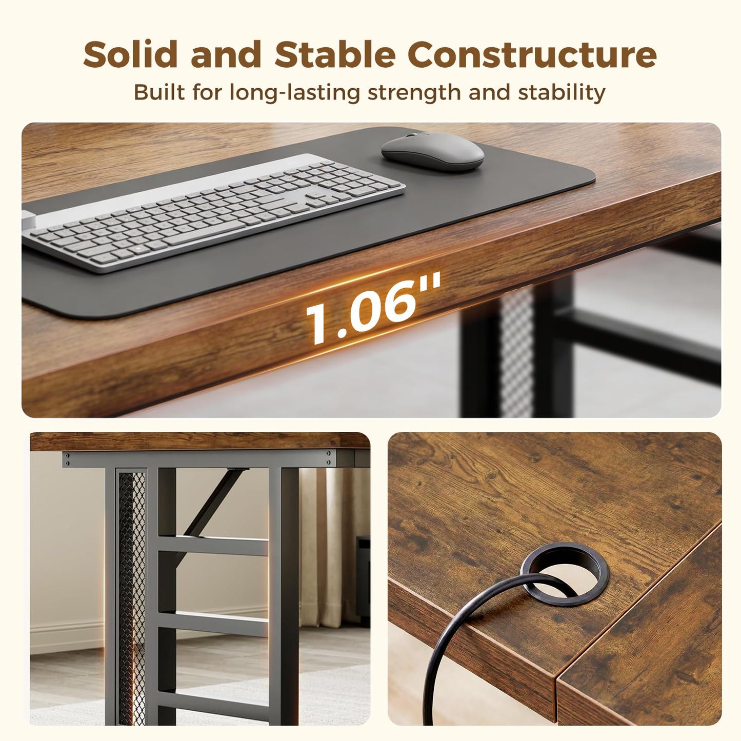 OffiGo Executive Desk, 71 Inch Office Table with Power Ports, Large Computer Desk with 3-Piece Thickened Board for Home Office, Workstation, Rustic Brown (not Adjustable)