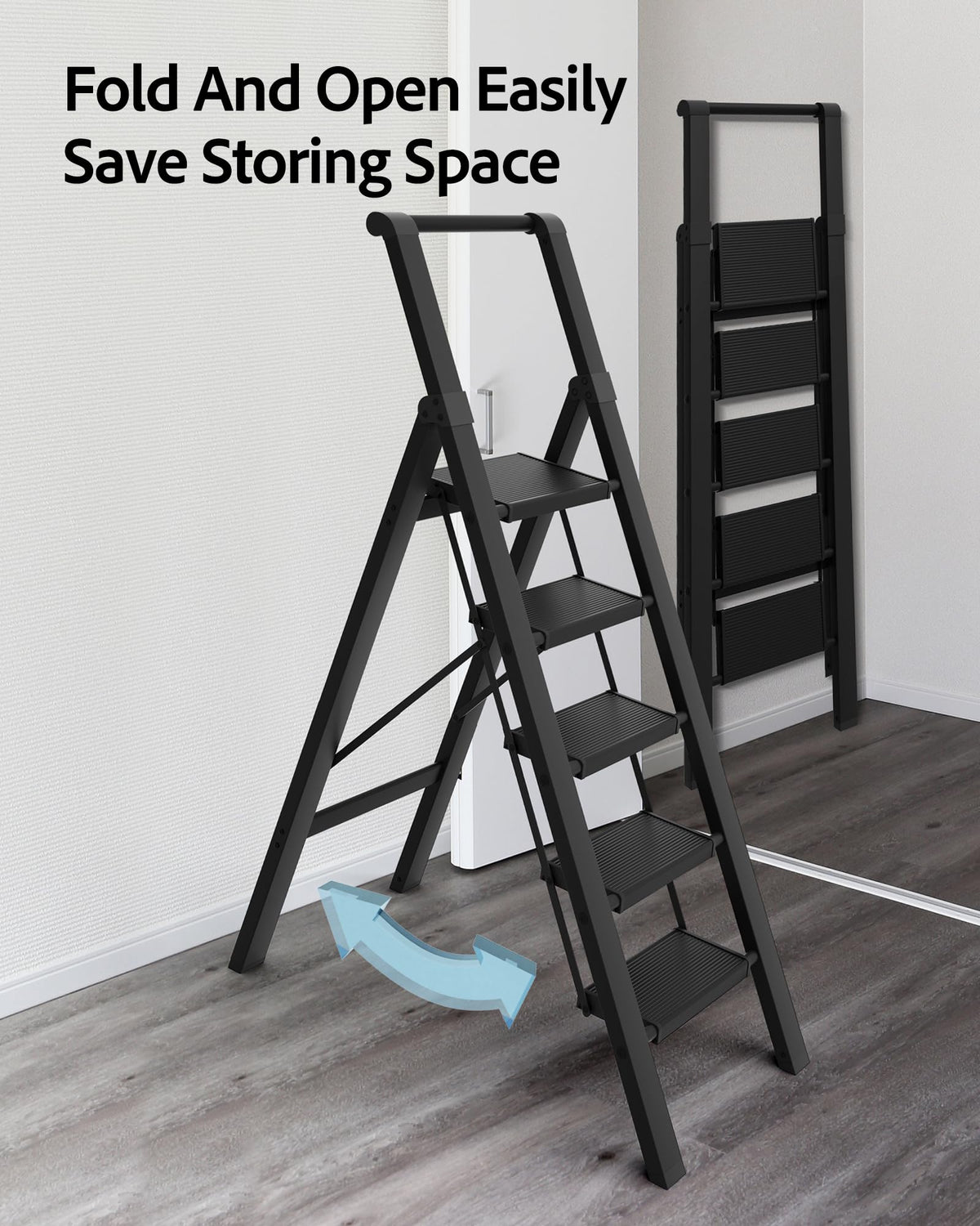 BEFITMACE 5 Step Ladder, Lightweight Folding Step Stool withConvenient Handgrip,Aluminum 330lbs Capacity Step Ladderfor Office,Household,Kitchen(Black)