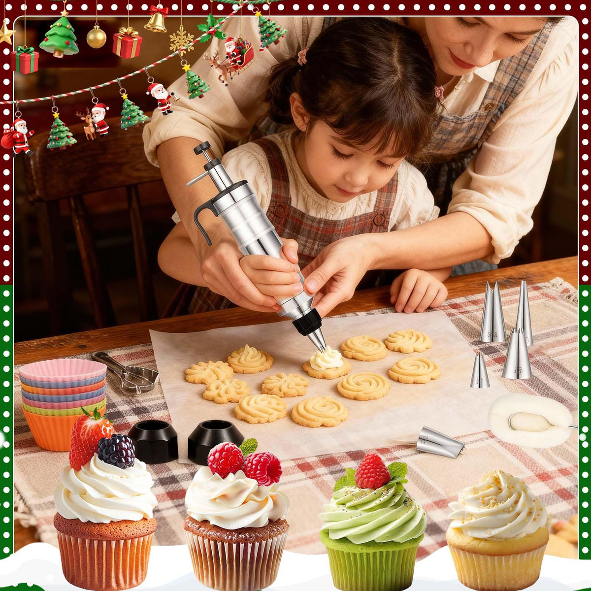 Dualshine Dessert Decorating Syringe Set, Frosting Piping Kit, Stainless Steels Icing Piping Kit, Cake Decorating Tools 6 Russian Piping Icing Nozzles Cupcake Piping Kit Christmas Baking Gifts
