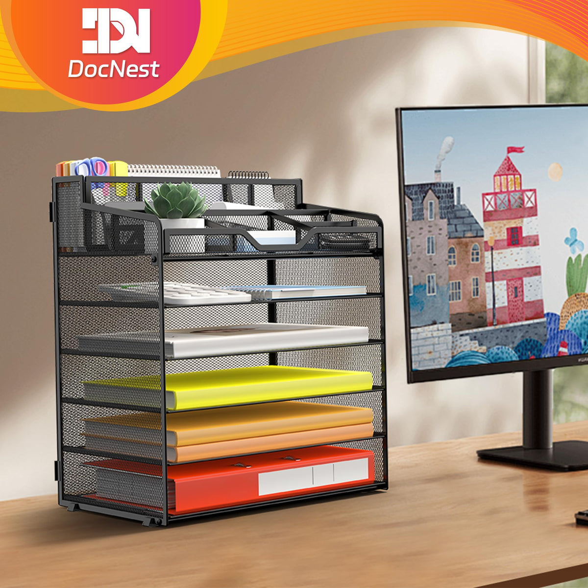 Docnest 6 Tier Mesh Desk Organizer for Paper Office Supplies – Multi-Functional Letter Tray with 5 Adjustable Compartments, 3 Pen Holders, Desktop Storage for Files, Mail, Stationery – Black