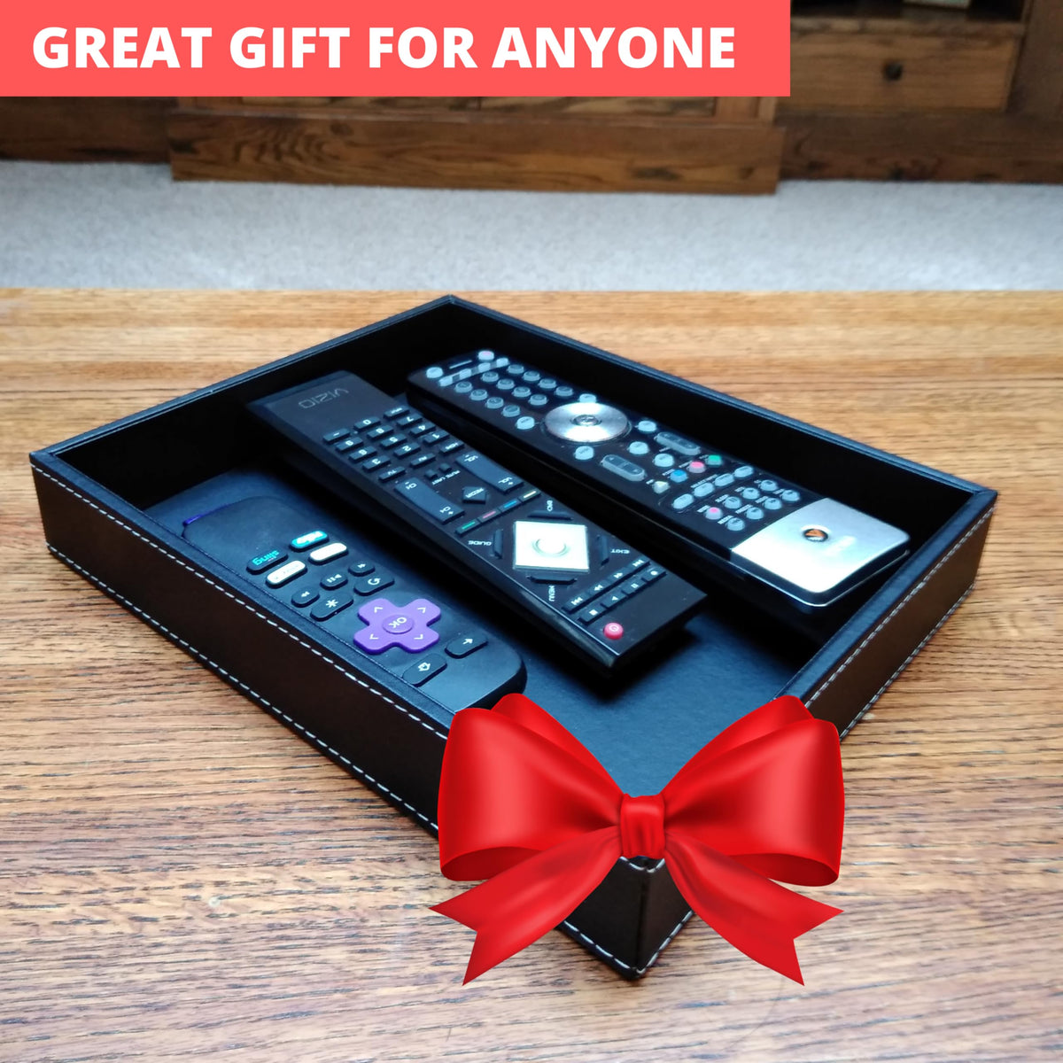 ULTRAY, Valet Tray, Desk Tray, Key Bowl, Nightstand Organizer for Men, Black PU Leather, 10.3 x 8.3 x 1.6 inches