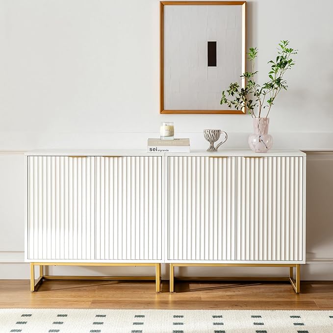 EYYTHUNG Fluted Storage Cabinets Set of 3, Sideboard Buffet Cabinet Modern