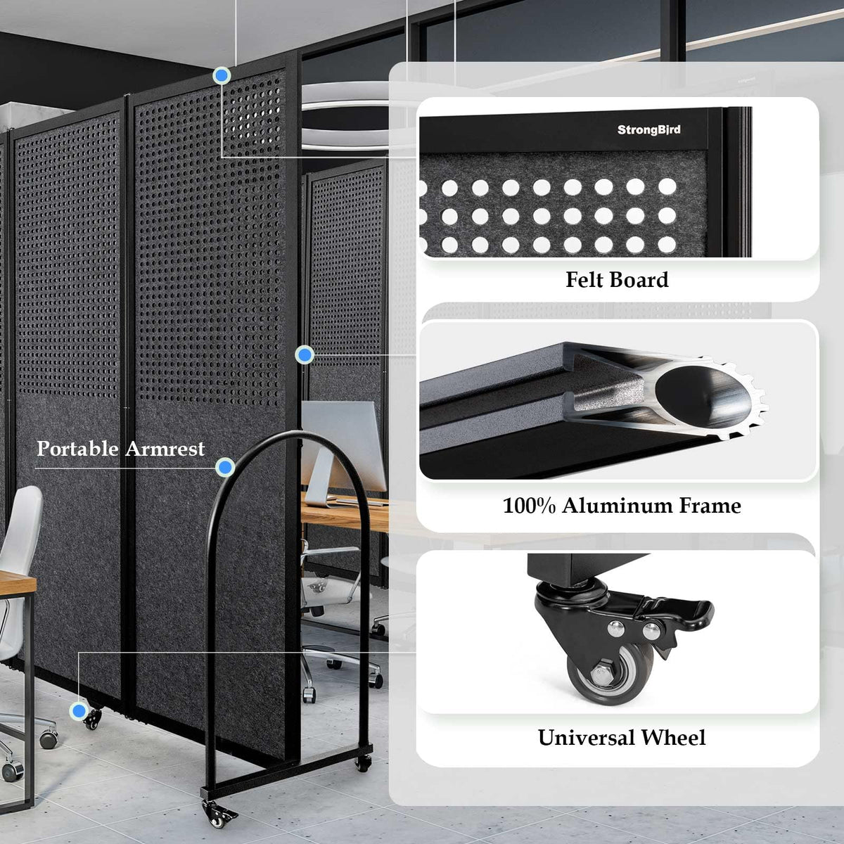 Folding Room Partition,Freestanding Privacy Divider,Portable Office Divider Wall,Commercial Space Partition Screen,Perforated Felt Panel Design,10'6"W x 6'7"H,5 Panel,Dark Grey