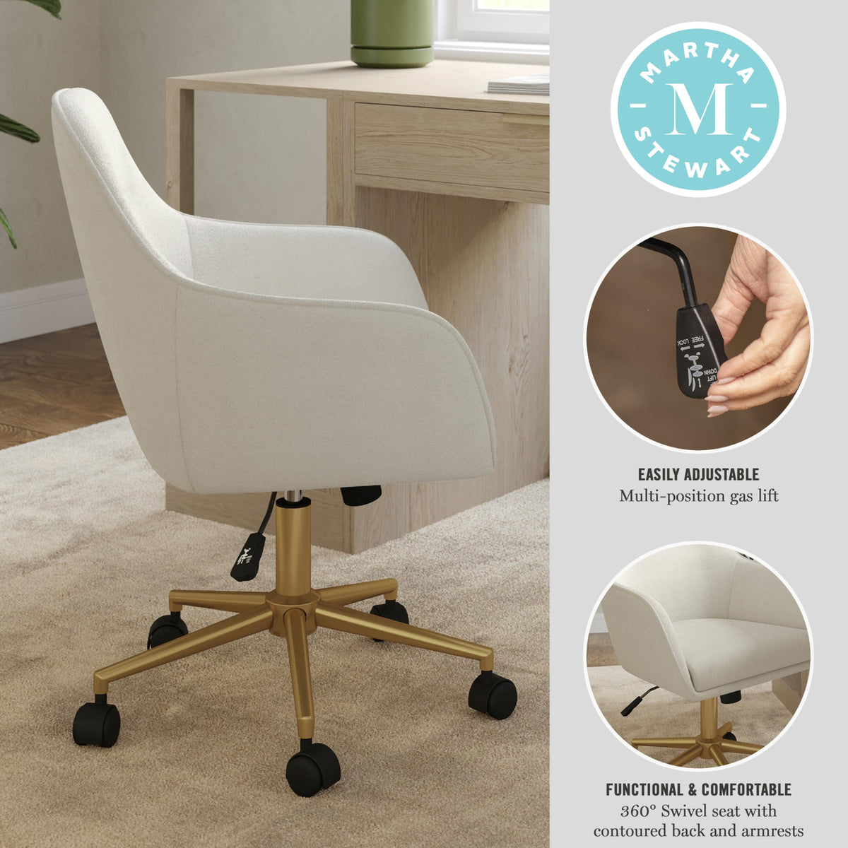 Martha Stewart Rayna Swivel Task Chair with Flared Arms for Home Office in Off White Fabric with Polished Brass Frame