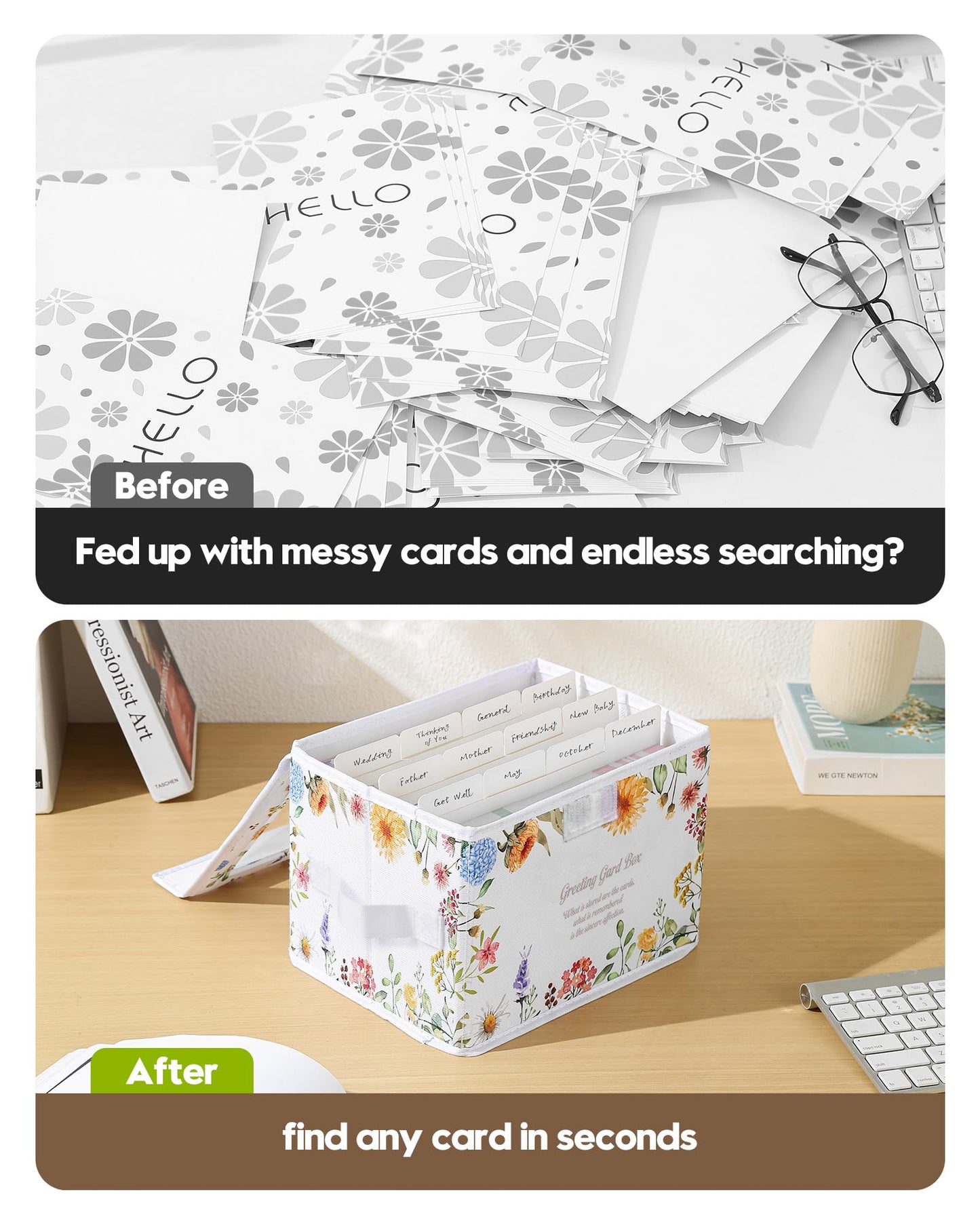 Meunmro Greeting Card Organizer Box With 13 Removable Dividers, Oxford Cloth Card Organizer With Transparent Lid, Store 140+ Cards for Photos, Stamp, Crafts, Envelopes, Sticker, Scrapbooking