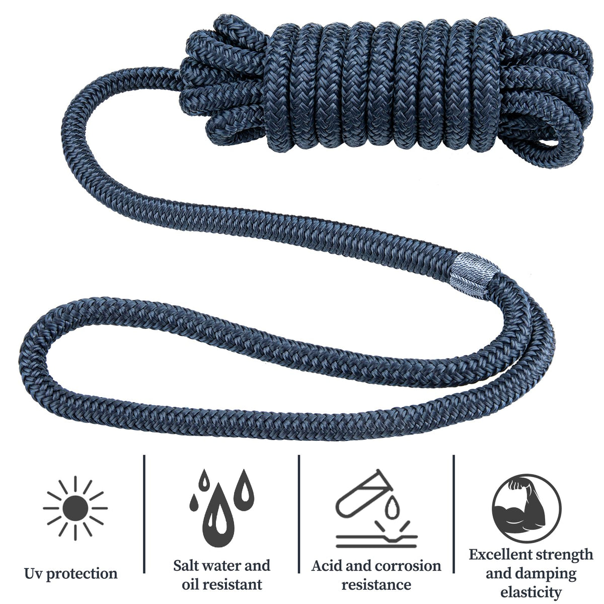 PropelTech 4 Pack 1/2" x 15’ Boat Dock Lines for Boat & Pontoon, Premium Marine- Grade Double Braided Nylon Dock Line, Pre-Spliced with a 12" Eyelet-Navy Blue,Boating Gifts for Men
