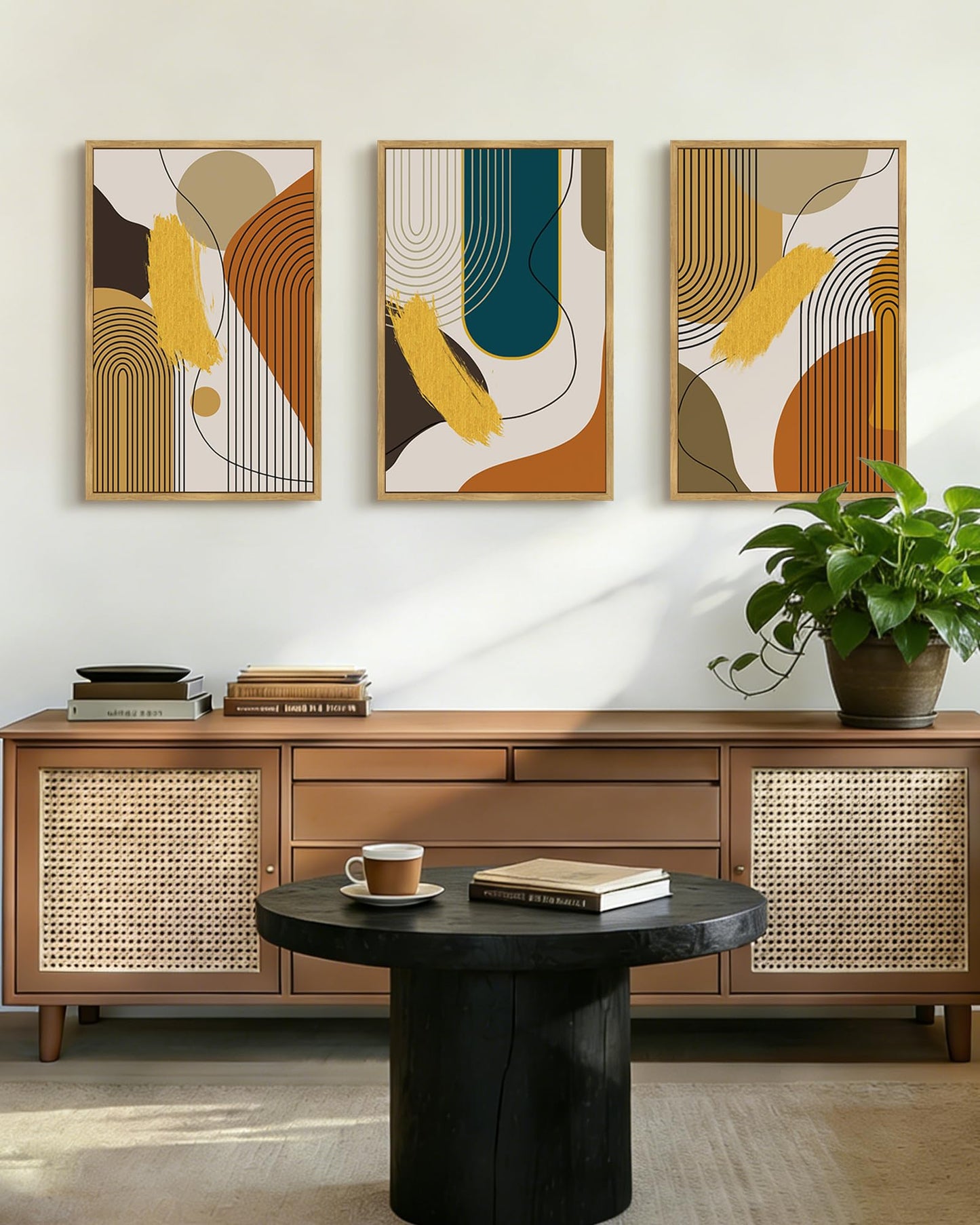 PHOPAGO Boho Abstract Framed Wall Art Large 16x24in Mid-Century Modern Bohemain Minimalist Luxury Gold Line Artwork Home Office Living Room Decor - Natural Framed
