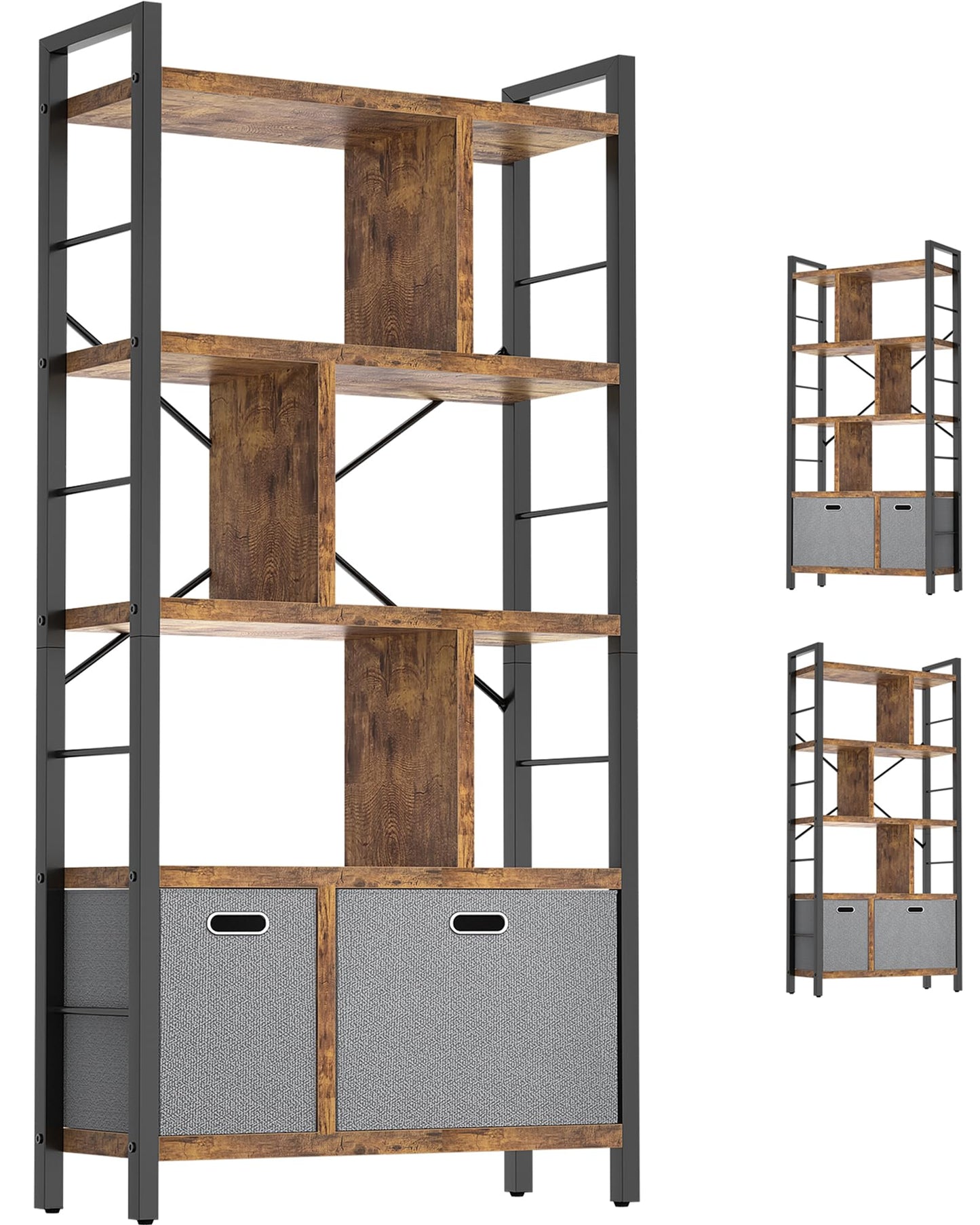 Armocity Bookshelf with Drawers - 5 Tier Tall Bookcase Geometric Modern Book Shelf Display Standing Bookshelves with Storage for Living Room, Bedroom Home Office, Rustic Brown