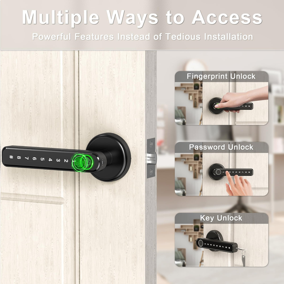 IRONZON Fingerprint Door Handle for Bedrooms - 191F 3-in-1 Fingerprint Door Lock with Keypad, Fingerprint Door Knob for Bedroom with Key, Keyless Entry Door Handle - Black