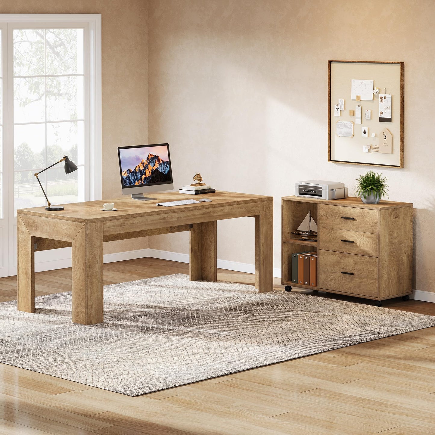 Tribesigns 63" L Shaped Desk with Storage, Executive Office Desk with Rolling File Cabinet Combo, Large Computer Table with Drawers and Shelves, Business Furniture Set for Home Office, Brown