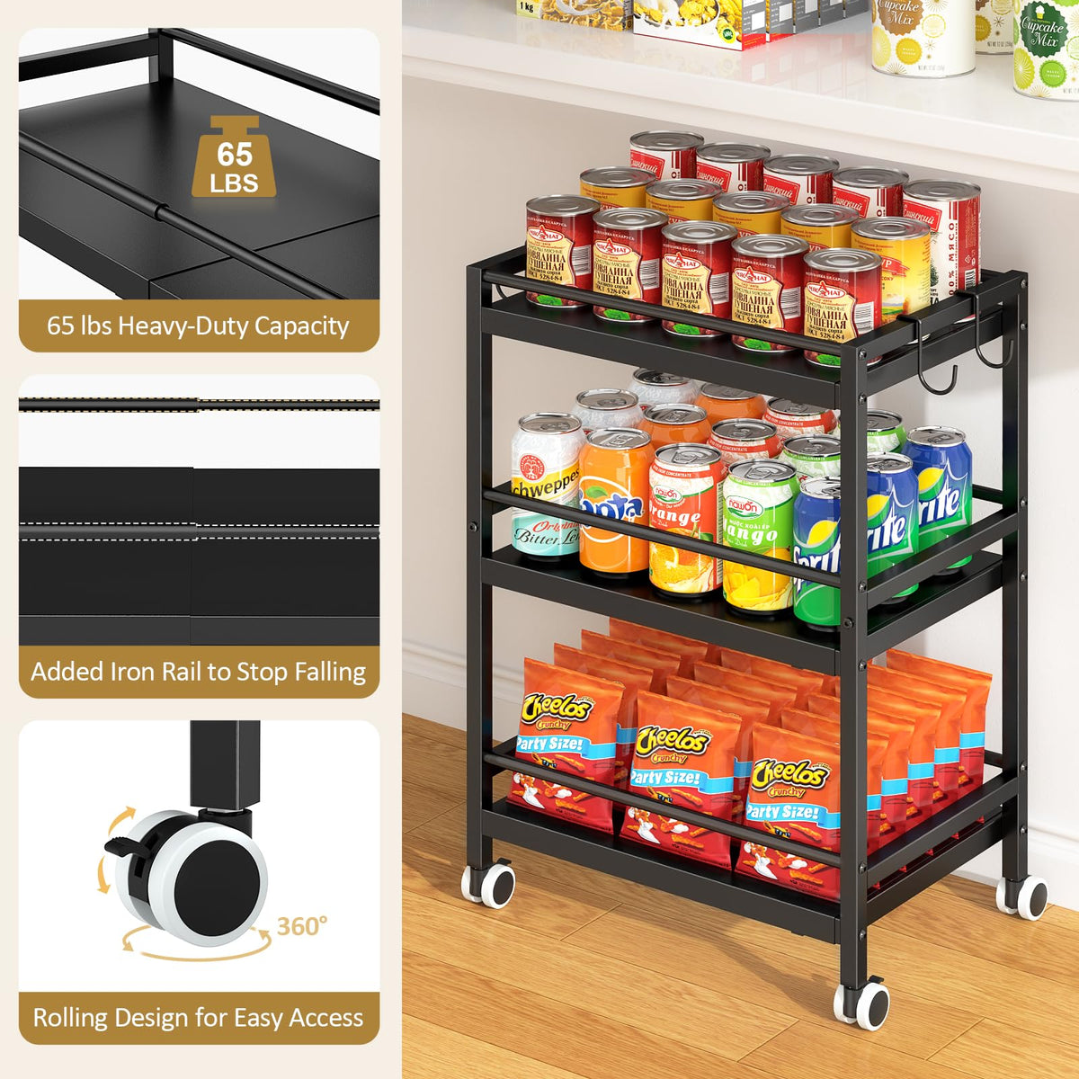 3-Tier Expandable Rolling Pantry Organizers and Storage Cart with Wheels, Adjustable Pantry Floor Organizer, Snack Cart for Pantry, Kitchen Storage Cart with 4 Hooks for Snack, Food, Vegetables