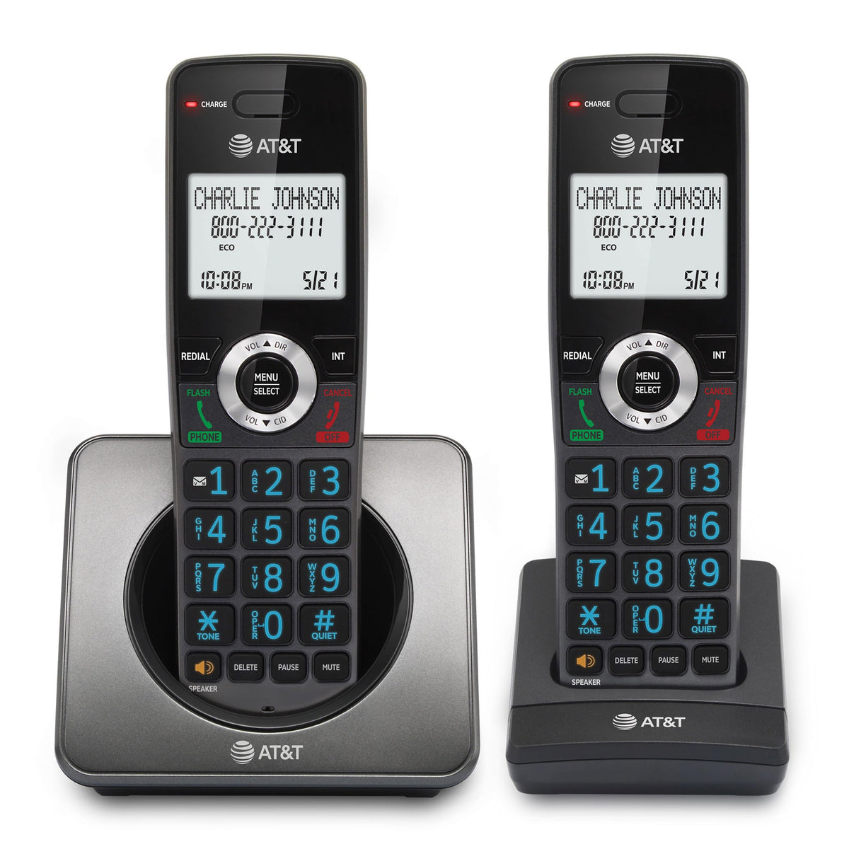 AT&T GL2101-2 DECT 6.0 2-Handset Cordless Phone with Call Block & Caller ID - Full-Duplex Speakerphone, 2" White Backlit Display, Lighted Keypad, Graphite & Black