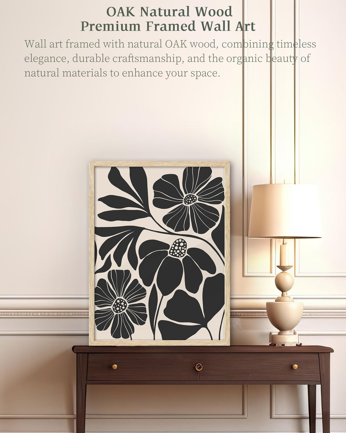 iHery Natural OAK Wood Abstract Botanical Framed Wall Art, 12x16 in Beige Black Flower Canvas Wall Art Modern Mid Century Botanical Neutral Wall Decor Set of 1 For Bedroom Living Room