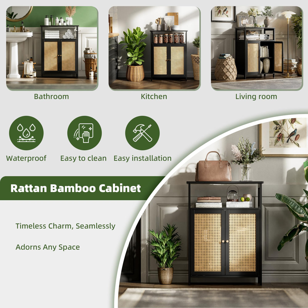 vovala Bamboo Floor Rattan Cabinet, Bathroom Storage Organizer Rack with 2 Doors and 1 Shelf, Space Saving Wood Kitchen Cupboard, Hallway Side Table, Living Room Freestanding Stand (Black)
