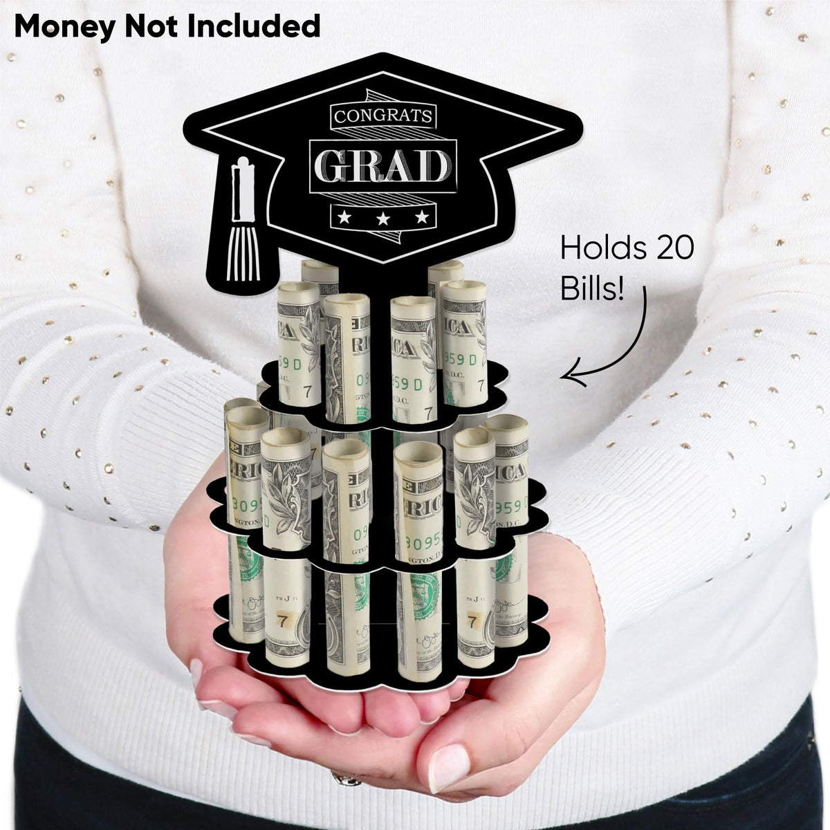 Big Dot of Happiness Graduation Money Gift Holder - DIY Celebration Cash Cake Stand with 20 Bill Slots, Black and White Decorative 2-Tier Cap Design, Party Display - Assorted Grad - Set of 3