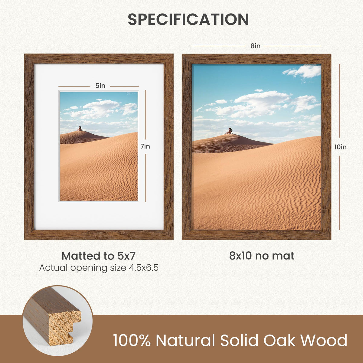Dreamland 8x10 Picture Frame with Mat for 5x7, USA-Sourced Natural Oak Wood Photo Frames with Resistant Plexiglass, 8 x 10 Wooden Gallery Wall Frames for Art, Wall or Tabletop Display, Walnut