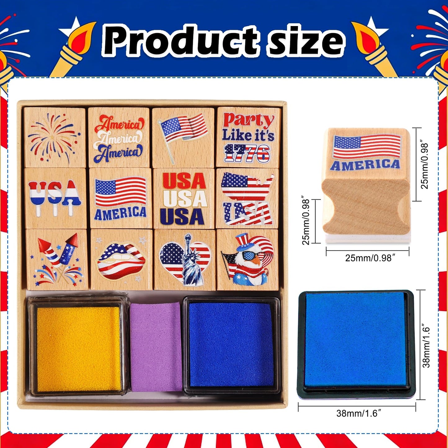 HOWAF USA Patriotic Wooden Rubber Stamps Set, 12pcs 4th of July Stamps Ink Pads for Independence Day DIY Crafts, 250 Years of Freedom Party Favors American Flag Inking Stamp Rubber Stamp