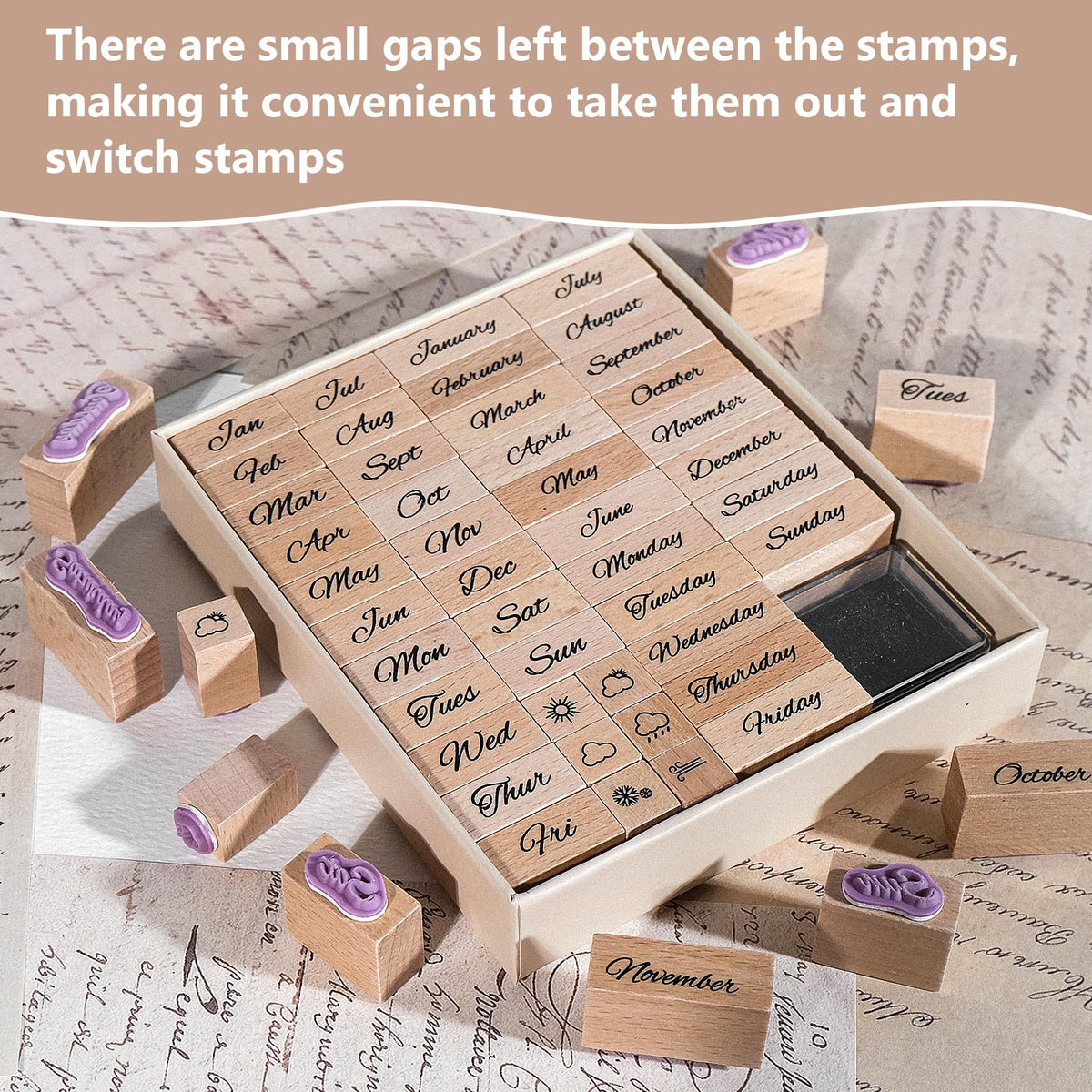 CraftyManor 44PCS Mini Wooden Stamp Set, Vintage Month Week Weather Rubber Stamps with Black Ink Pad for Crafting, Scrapbooking, Journaling, CardMaking