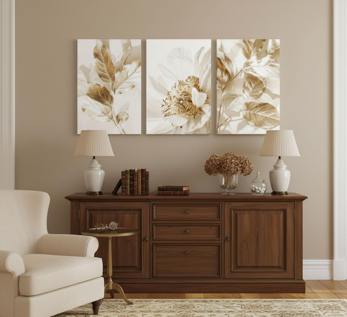 3 Pcs Modern White Floral Golden Leaves Canvas Wall Art Neutral Boho Beige Botanical Painting Pictures Nordic Wall Decor Posters Print Artwork for Bedroom Living room Office Home Decoration
