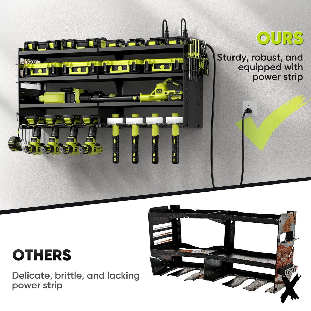 POKIPO Large Power Tool Organizer Wall Mount with Charging Station,4 Layer Heavy Duty Metal Tool Storage Rack Loads 600lbs with 8 Cordless Drill Holder,Battery Utility Rack Loads with 4 Power Strip