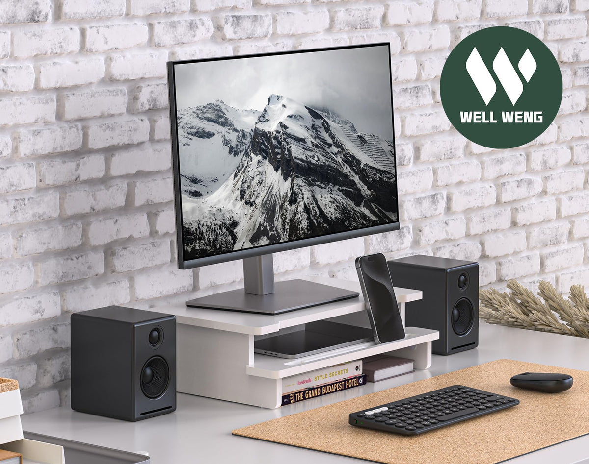 WELL WENG Computer Monitor Stand Riser, 16.5 Inch Wood Desk Shelf Storage Organizer with Phone Tablet Holder, White