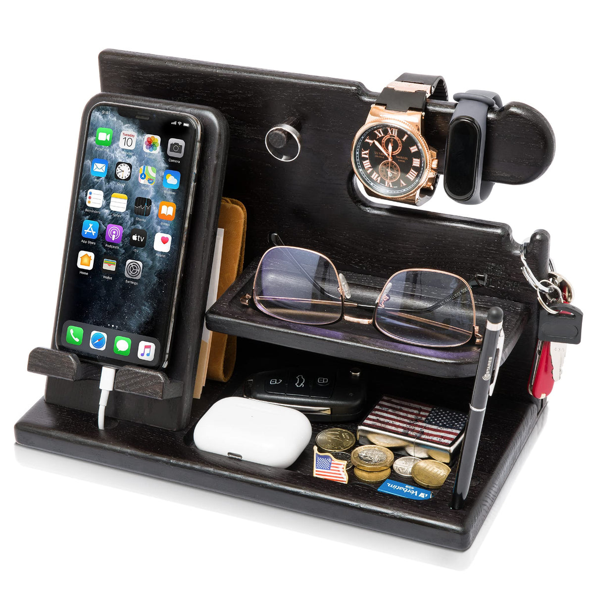 TESLYAR Wood Phone Docking Station for Men - Desk or Nightstand Organizer - Birthday Gifts for Husband, Dad - Anniversary Idea from Wife - Key Holder, Stand Wallet, Watch & Essentials (Granite Black)