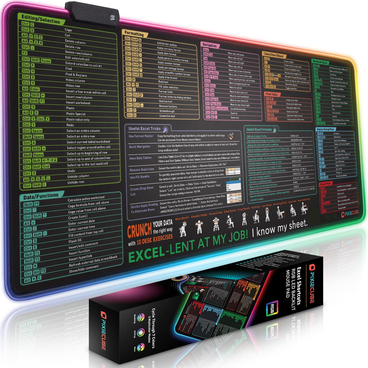 Excel Shortcut Keys LED Mouse Pad - Colorful RGB Luminous Extended Large Cheat Sheet Gaming Mousepad| PC Office Spreadsheet Keyboard Mat| Non-Slip Stitched Edge