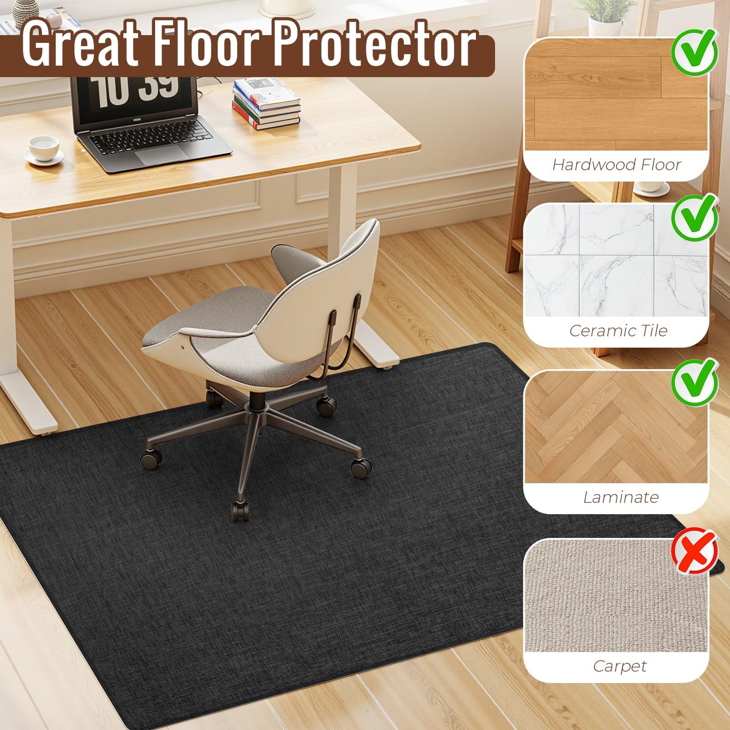 Wansimoo Office Chair Mat for Hardwood and Tile Floor, 36"x48" Floor Mat, Heavy Duty Computer Gaming Chair Mat, Anti-Slip, Non- Curve, Desk Chair Mat, Floor Protector for Home Office(Black)