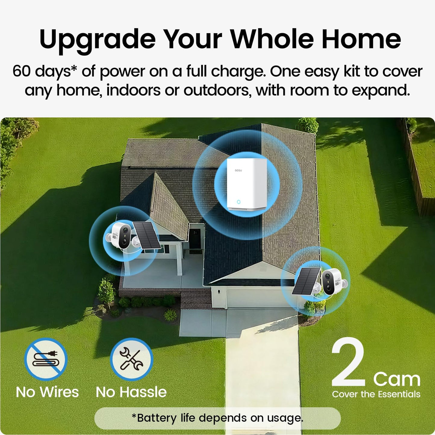 aosu Solar Security Cameras Wireless Outdoor Home System, True 2K HD, Cross-Camera Tracking, PIR + AI Human Detection, Color Night Vision, Local Storage, No Subscription Required, 2-Cam-Kit