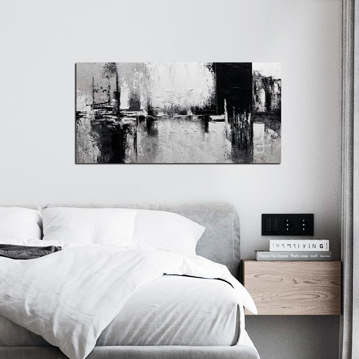 Trogonup Black and White Abstract Wall Art for Living Room Textured Canvas Painting Large Minimalist Modern Artwork for Bedroom Office Home Decor Ready to Hang 20"x40"