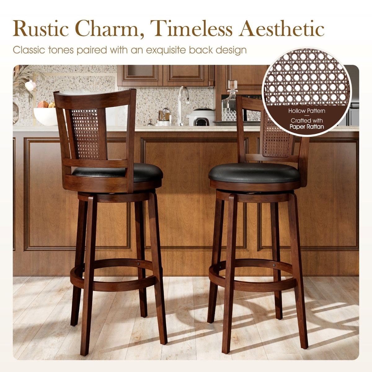 Sophia & William Swivel Bar Stools Set of 6, Bar Height Barstools with Backrest & Solid Wood Legs, Brown Faux Leather Kitchen Stools, 30 Inch