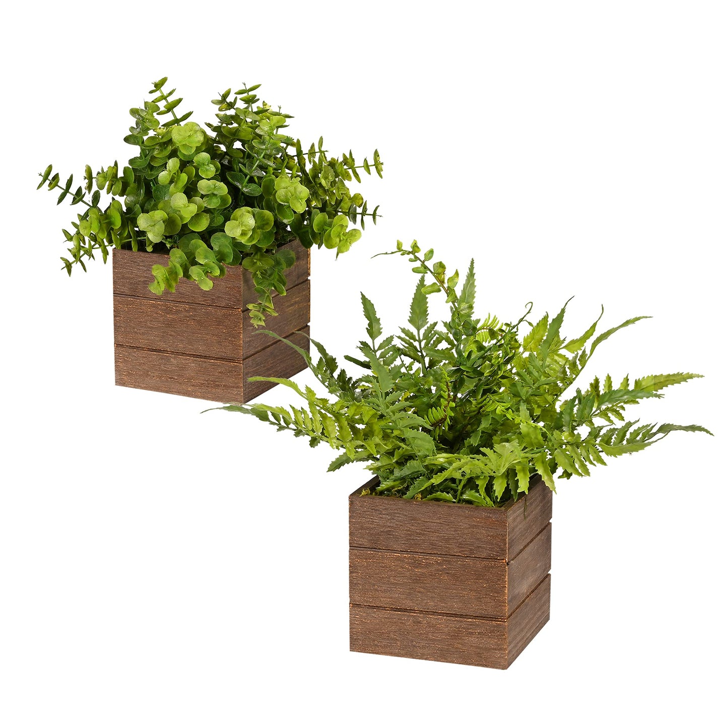 Vlorart Small Fake Plants, 2Pack Mini Potted Artificial Plastic Boxwood Fern Green Decorative Plant in Wooden Potted, Fake Desk Plant for Farmhouse Home Decor Office Bathroom Desk Room Indoor Outdoor
