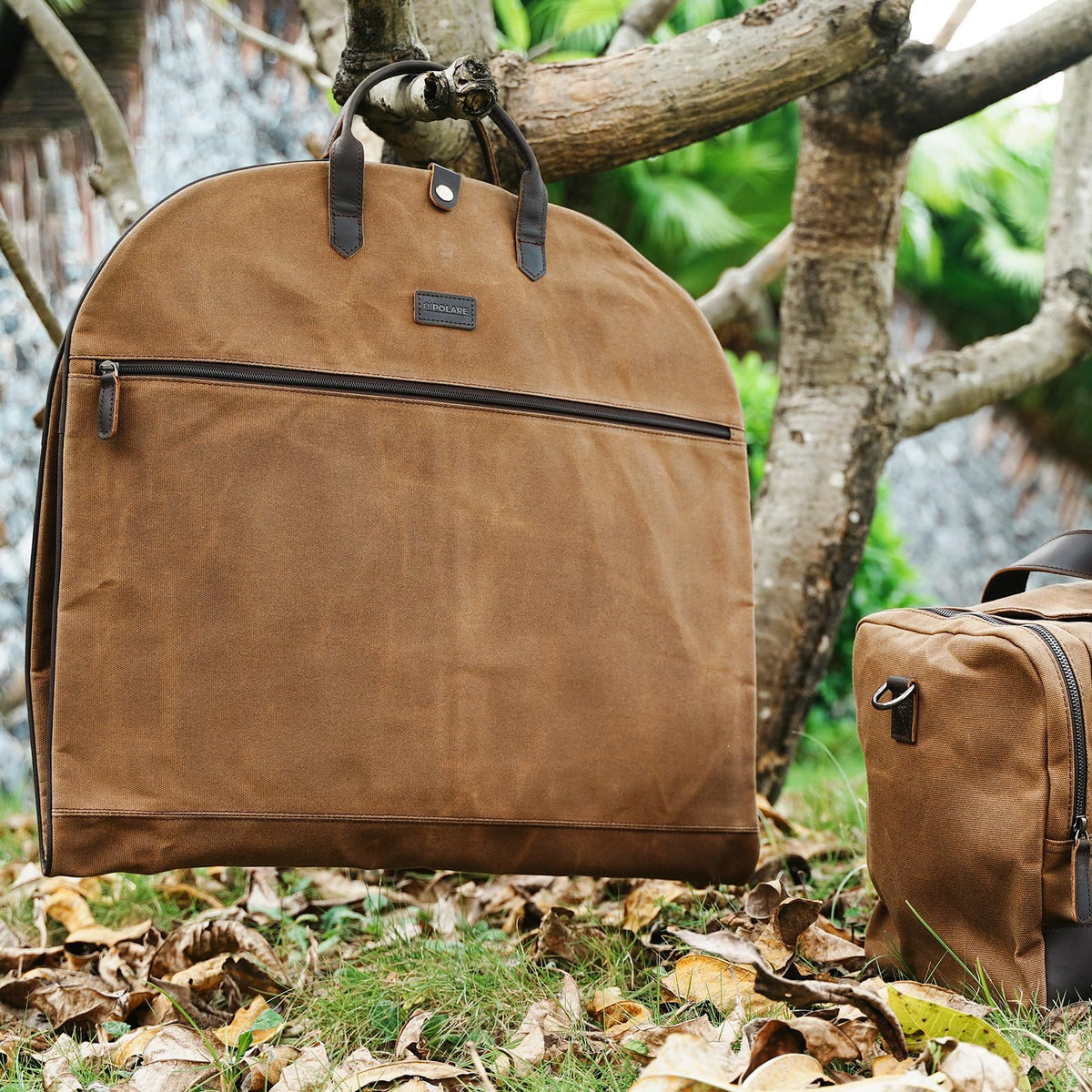Polare 43” Waxed Canvas Full Grain Leather Trim Carry On Garment Bag for Travel, Waterproof Dust-Proof Foldable Hanging Suitcase Weekender Garment Cover with YKK Zipper
