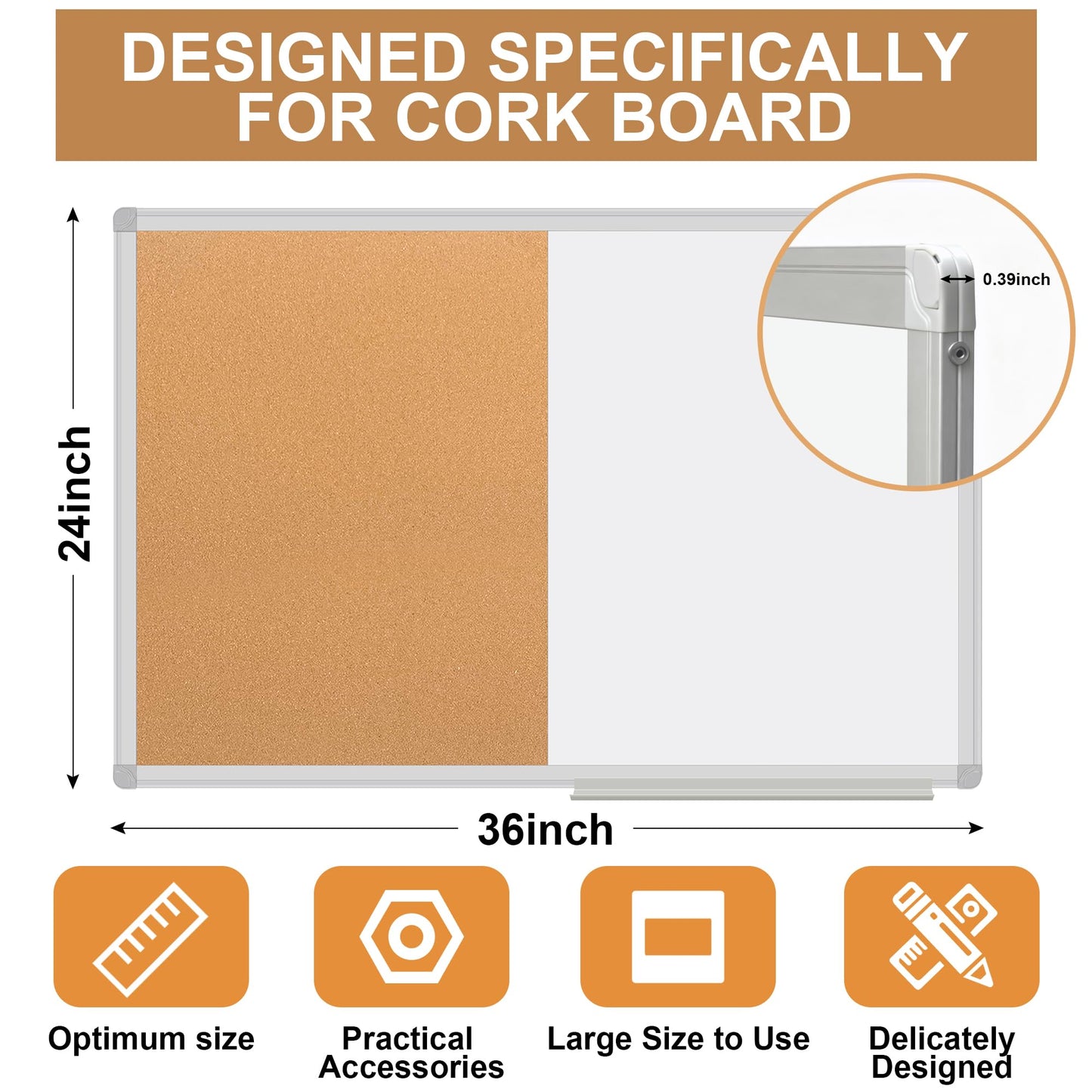 Cork Board White Board Combo, 36" X 24" Magnetic Whiteboard Bulletin Combination Board, Aluminum Frame Vision Board with Dry Erase Markers, Magnets, Eraser and Push Pins for Office, Home & School