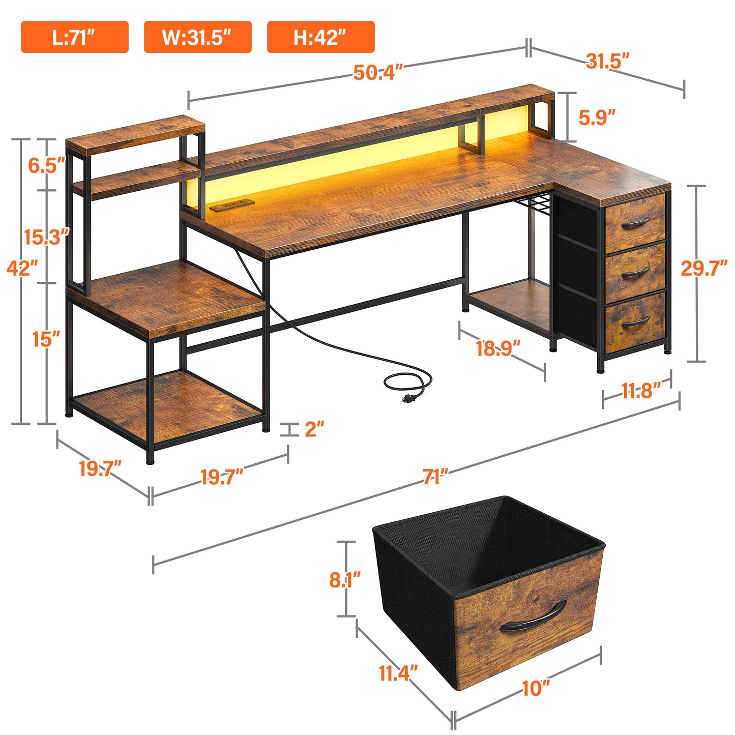 EnHomee 71" L Shaped Computer Desk with 3 Drawers & Hutch,Reversible Gaming Desk with LED Lights & Power Outlet,Home Office Desks with Monitor Stand & Printer Shelf for Student School Rustic Brown