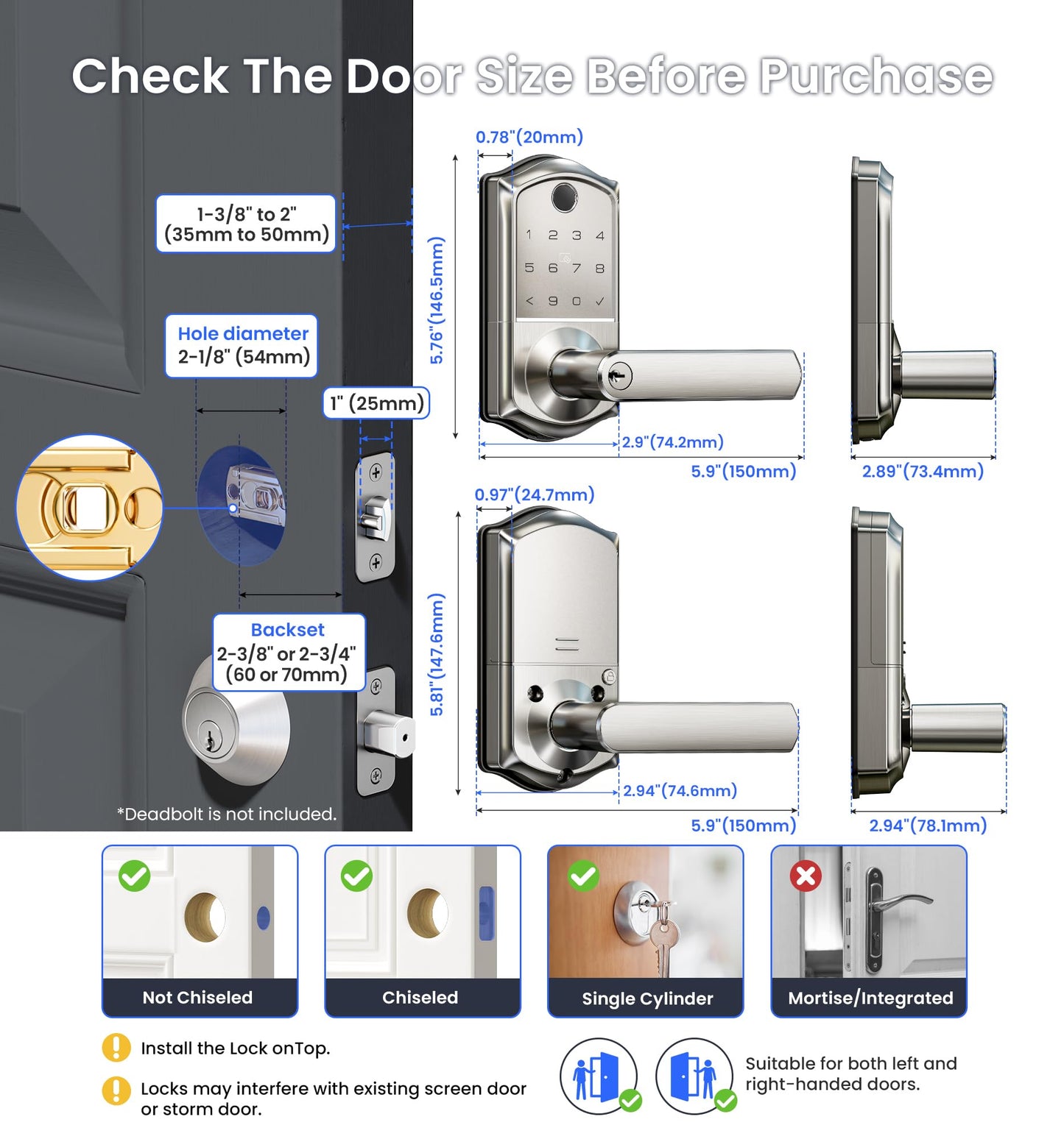 Veise VE019 Fingerprint Smart Lever Lock, App Control, Keyless Entry Door Lock with Handle, Touchscreen Keypad Knob for Front Door and Bedroom, Remote Access Sharing, IP55 Waterproof, Satin Nickel