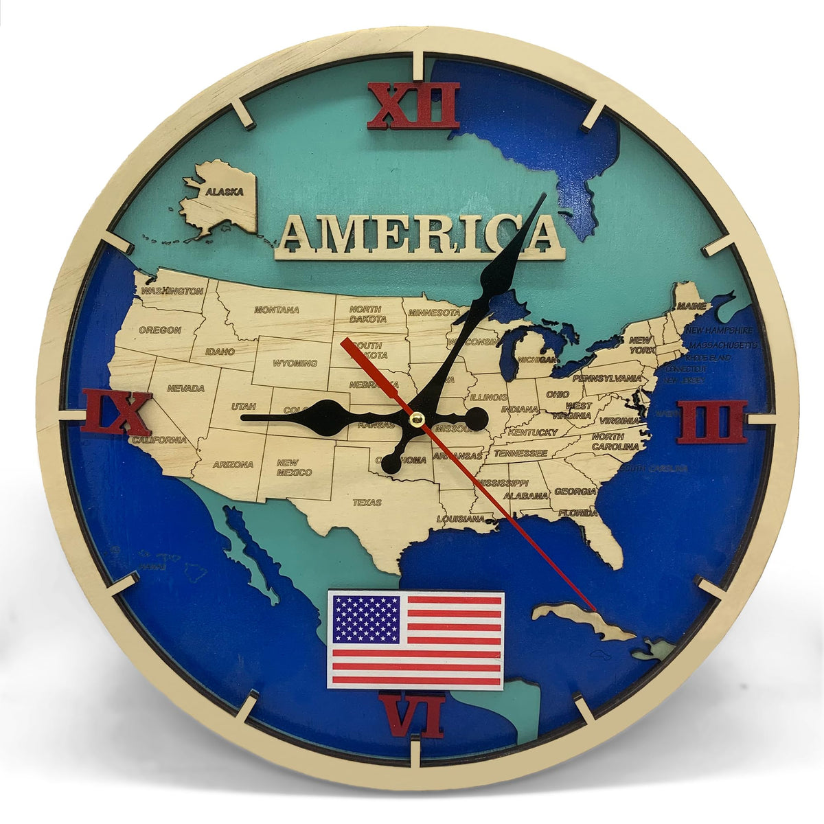 VIVUMAP Wooden Wall Clock USA Map Design 11.4 Inch Silent Non-Ticking, Handcrafted 6-Layer Laser Cut Wood with Gold Frame, Premium Decorative Wall Clock for Living Room, Bedroom, Office