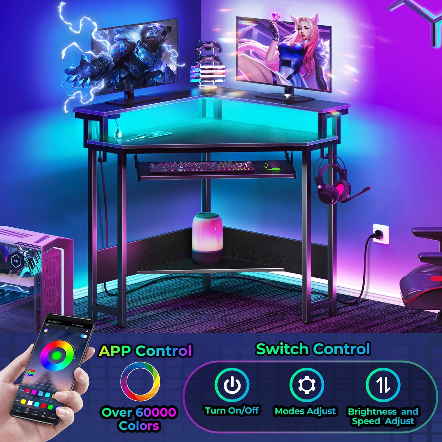 Rolanstar Corner Desk,44" W x 34" H Small Computer Desk with Power Outlets, Gaming Desk with LED Lights, Triangle Corner Table with Keyboard Tray & Monitor Stand for Small Space, Black