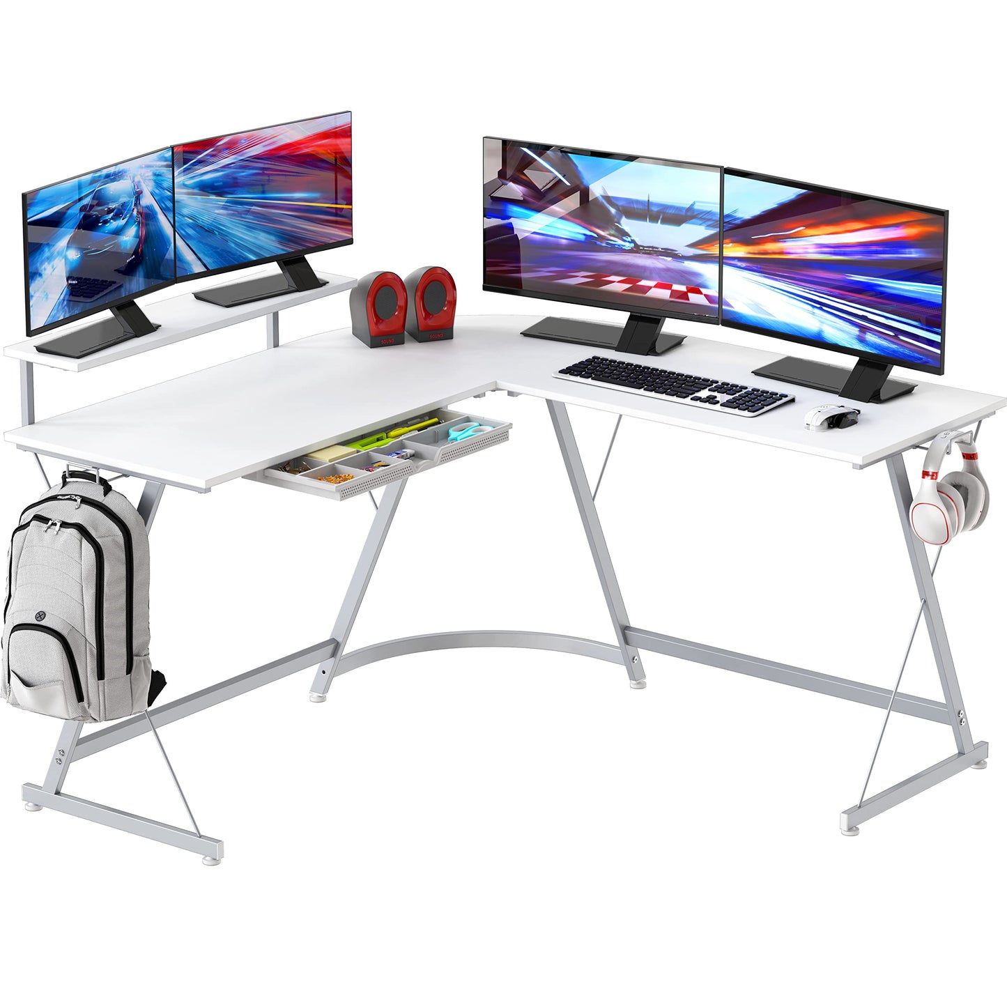 SHW 51 x 51 Inches Vista L-Shaped Desk with Monitor Stand and Drawer, White