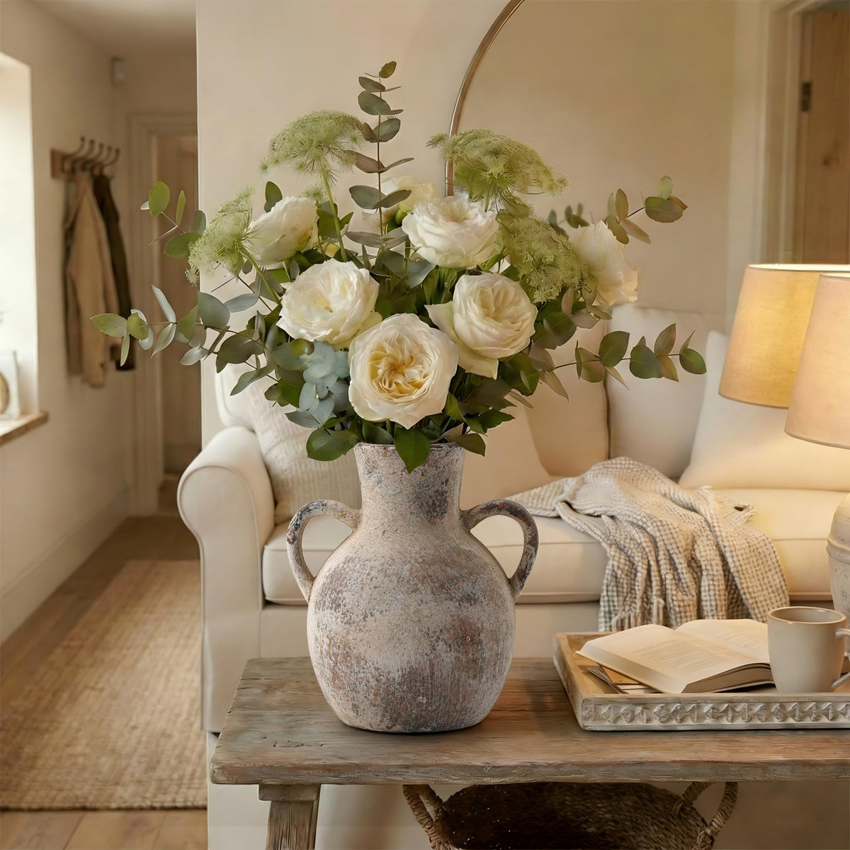 SIDUCAL Rustic Ceramic Farmhouse Flower Vase with 2 Handles, Whitewashed Terra Cotta Vase, Decorative Pottery Flower for Home Decor, Table, Living Room, Shelf Decor, 7.3 Inch, Terra